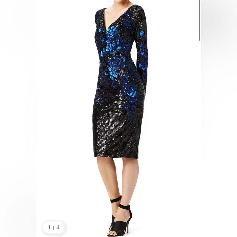 Badgley Mischka Long Sleeve Blue Blooms Sequin Cocktail Dress Size 0